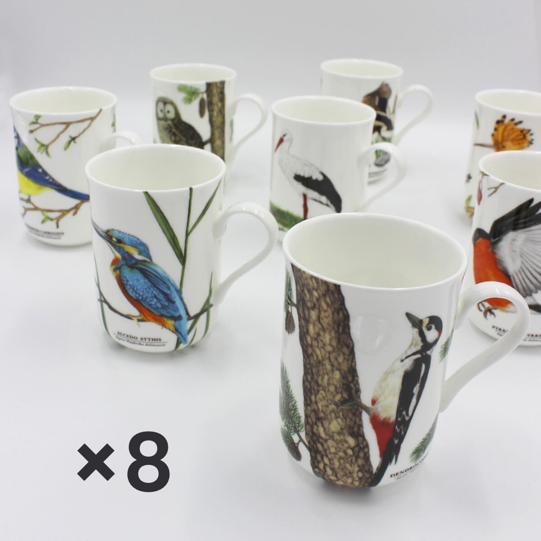 Kolekcja przedstawiająca zestaw 8 kubków z ptasimi ilustracjami