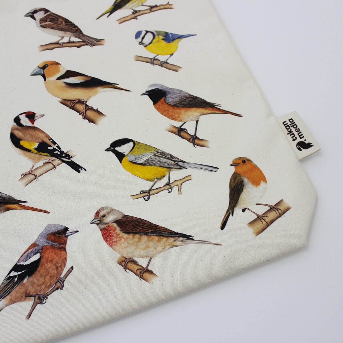 Zbliżenie na fragment ptasiej torby z ilustracjami wielu małych ptaków