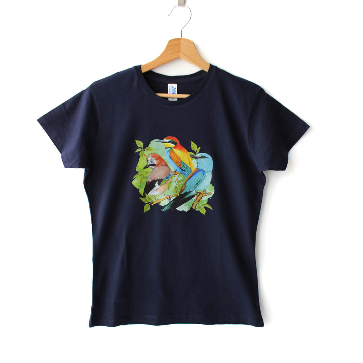 Bawełniana koszulka damska z z ilustracją 3 ptaków: sójka, żołna, kraska