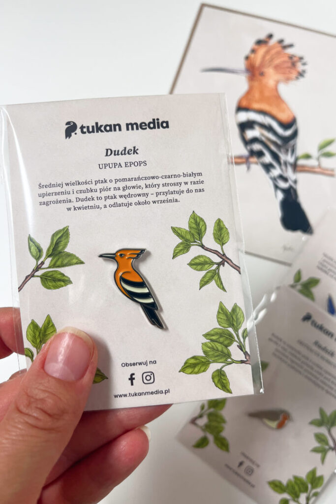 Autorski metalowy pin ptak dudek Tukan Media