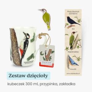 Zestaw prezentowy kubek przypinka i zakładka z dzięciołami Tukan Media