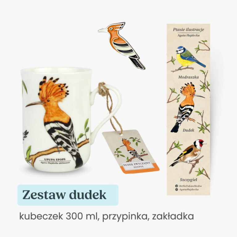 Zestaw prezentowy kubek przypinka i zakładka z ptakami dudek Tukan Media