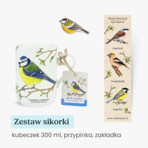 Zestaw prezentowy kubek przypinka i zakładka z ptakami sikorki Tukan Media