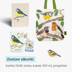 Zestaw prezentowy kubek torba, przypinka, kartka 13x18 sikorki Tukan Media
