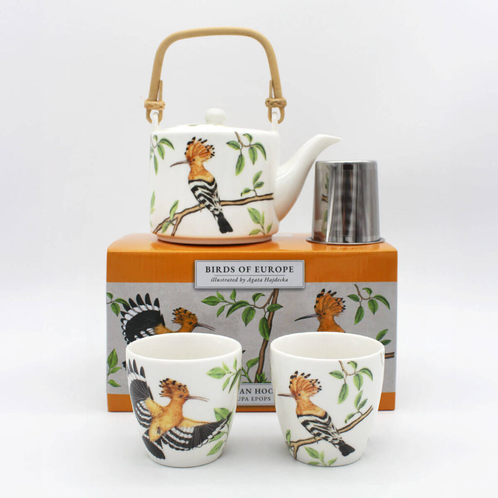 Porcelanowy zestaw czajnik 600 ml i 2 czarki 150 ml z autorskim opakowaniem - dudek