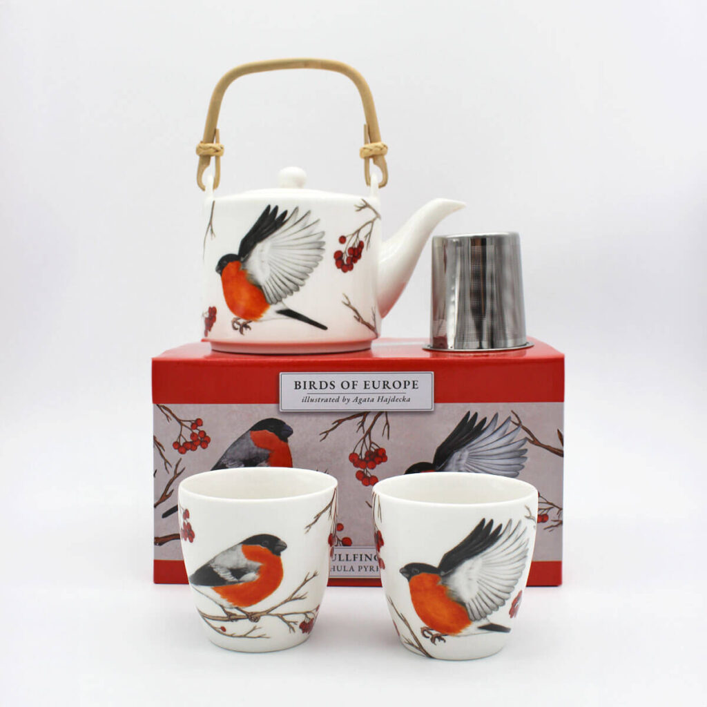 Porcelanowy zestaw czajnik 600 ml i 2 czarki 150 ml z autorskim opakowaniem - gil Tukan Media
