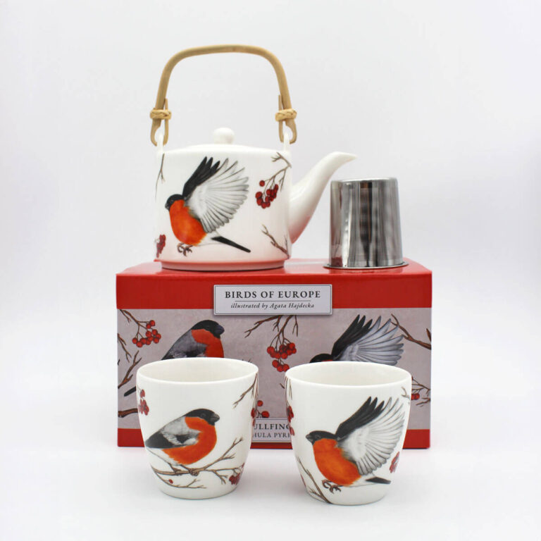 Porcelanowy zestaw czajnik 600 ml i 2 czarki 150 ml z autorskim opakowaniem - gil Tukan Media