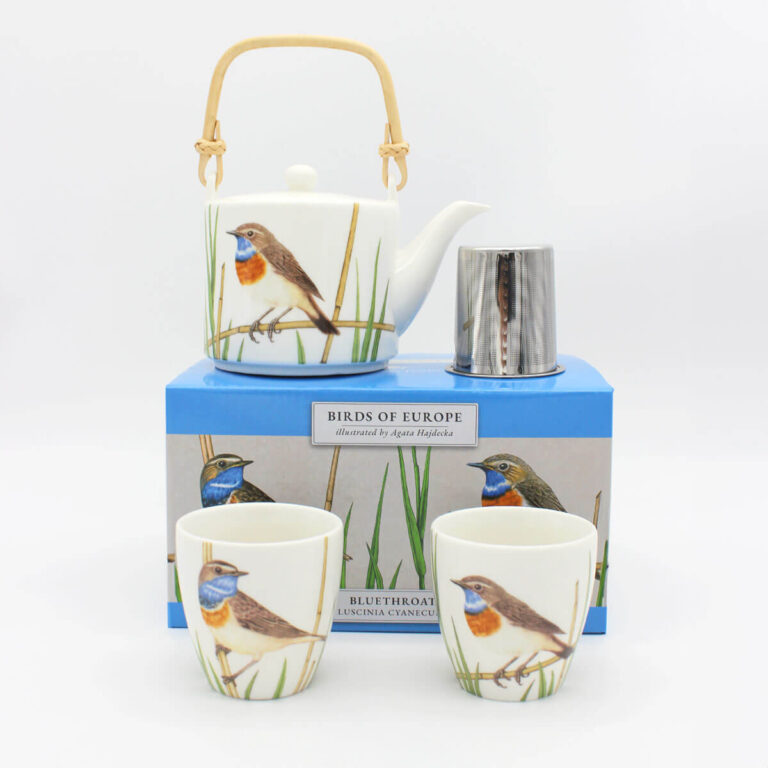 Porcelanowy zestaw czajnik 600 ml i 2 czarki 150 ml z autorskim opakowaniem - podróżniczek Tukan Media