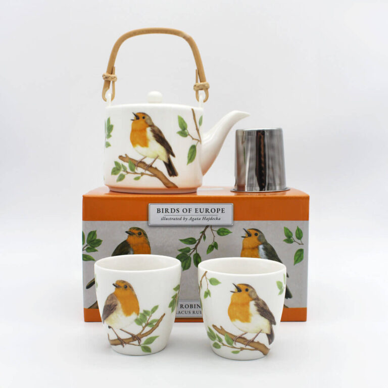 Porcelanowy zestaw czajnik 600 ml i 2 czarki 150 ml z autorskim opakowaniem - rudzik Tukan Media