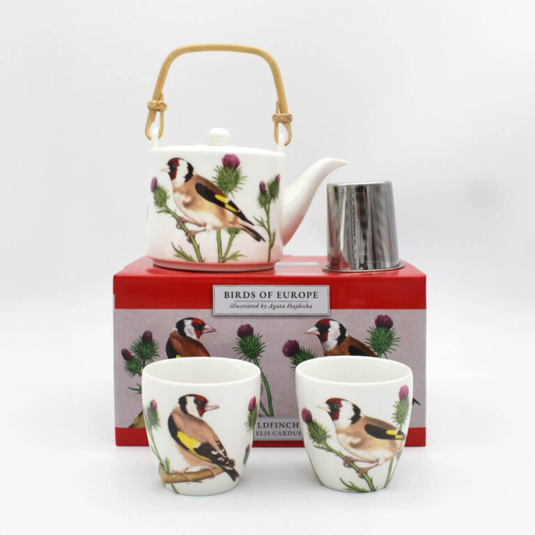 Porcelanowy zestaw czajnik 600 ml i 2 czarki 150 ml z autorskim opakowaniem - szczygieł Tukan Media