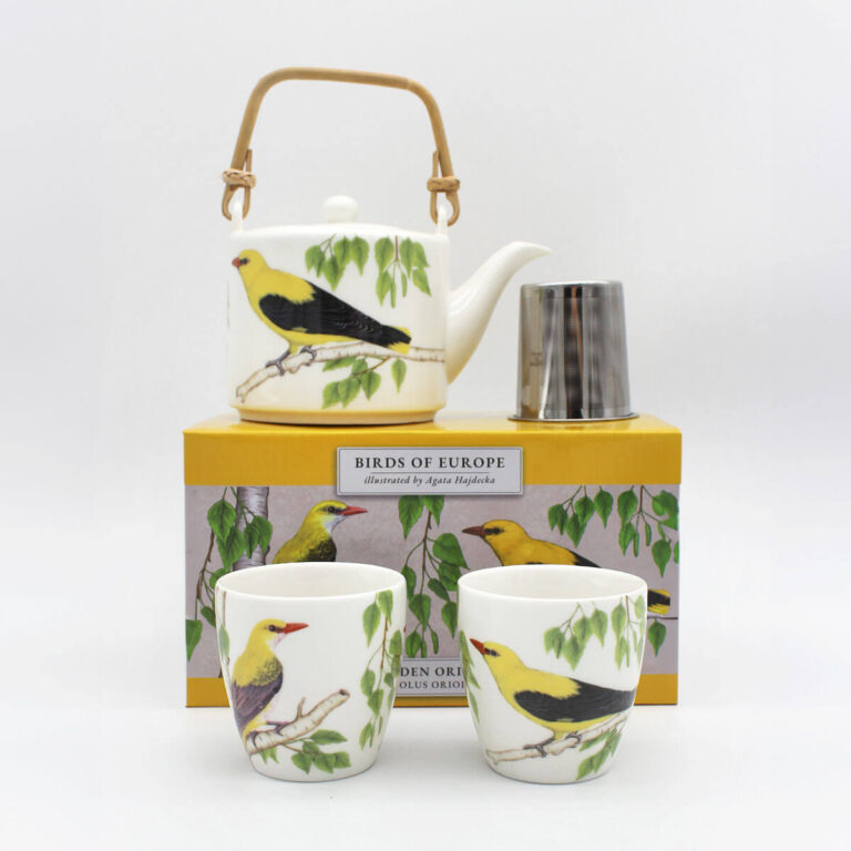Porcelanowy zestaw czajnik 600 ml i 2 czarki 150 ml z autorskim opakowaniem - wilga Tukan Media