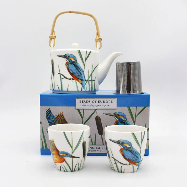 Porcelanowy zestaw czajnik 600 ml i 2 czarki 150 ml z autorskim opakowaniem - zimorodek Tukan Media