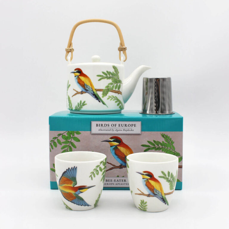 Porcelanowy zestaw czajnik 600 ml i 2 czarki 150 ml z autorskim opakowaniem - żołna Tukan Media