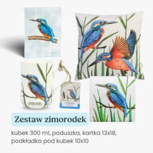 Zestaw prezentowy kubek 300 ml, podkładka pod kubek, poduszka i karteczka 13x18 zimorodek Tukan Media
