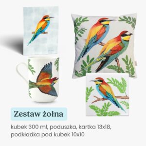 zestaw prezentowy kubek 300 ml, podkładka pod kubek, poduszka i karteczka 13x18 żołna Tukan Media