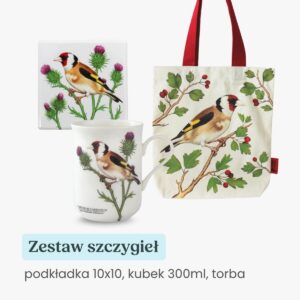 zestaw prezentowy podkładka pod kubek, torba i kubek 300 ml szczygieł Tukan Media